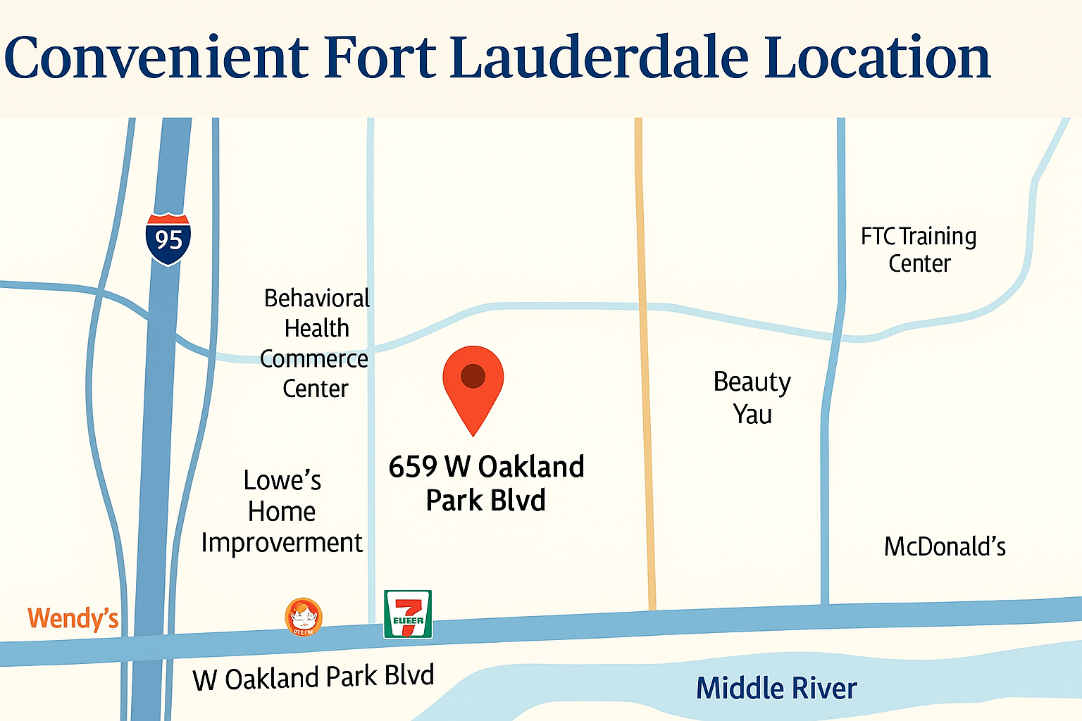 Stylized map showing the location of 659 W Oakland Park Blvd near I-95, McDonald’s, and local shops in Fort Lauderdale.